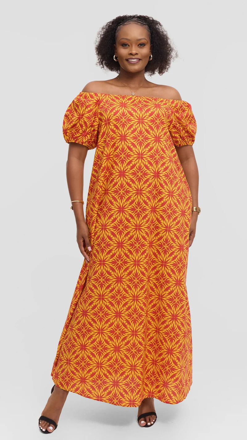 Vivo Off Shoulder Maxi Dress in Cotton - Red Multicolor Print