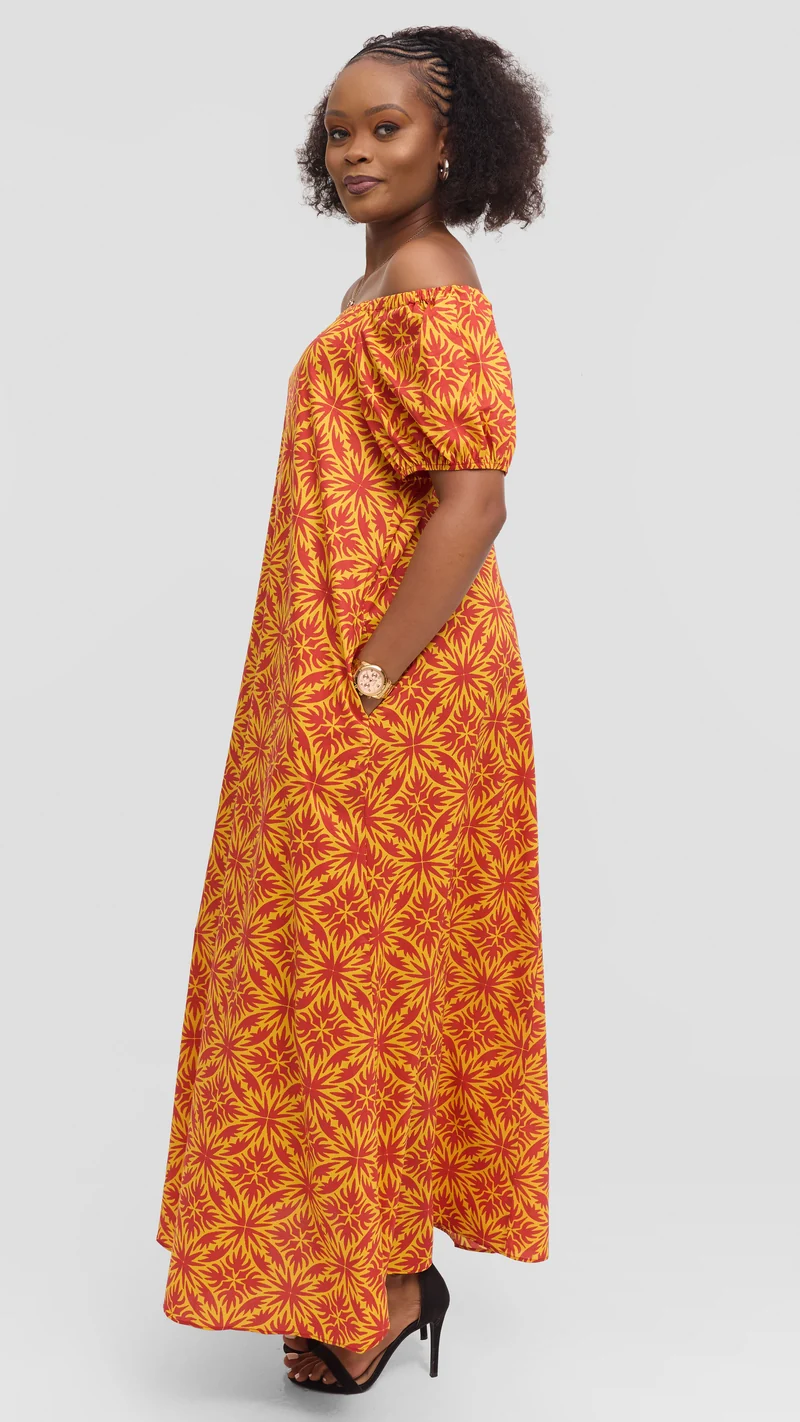 Vivo Off Shoulder Maxi Dress in Cotton - Red Multicolor Print