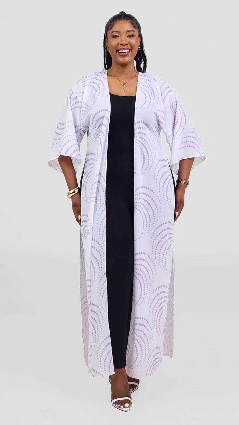 Vivo Nandi High Slit Kimono - White / Lilac Sinka Print