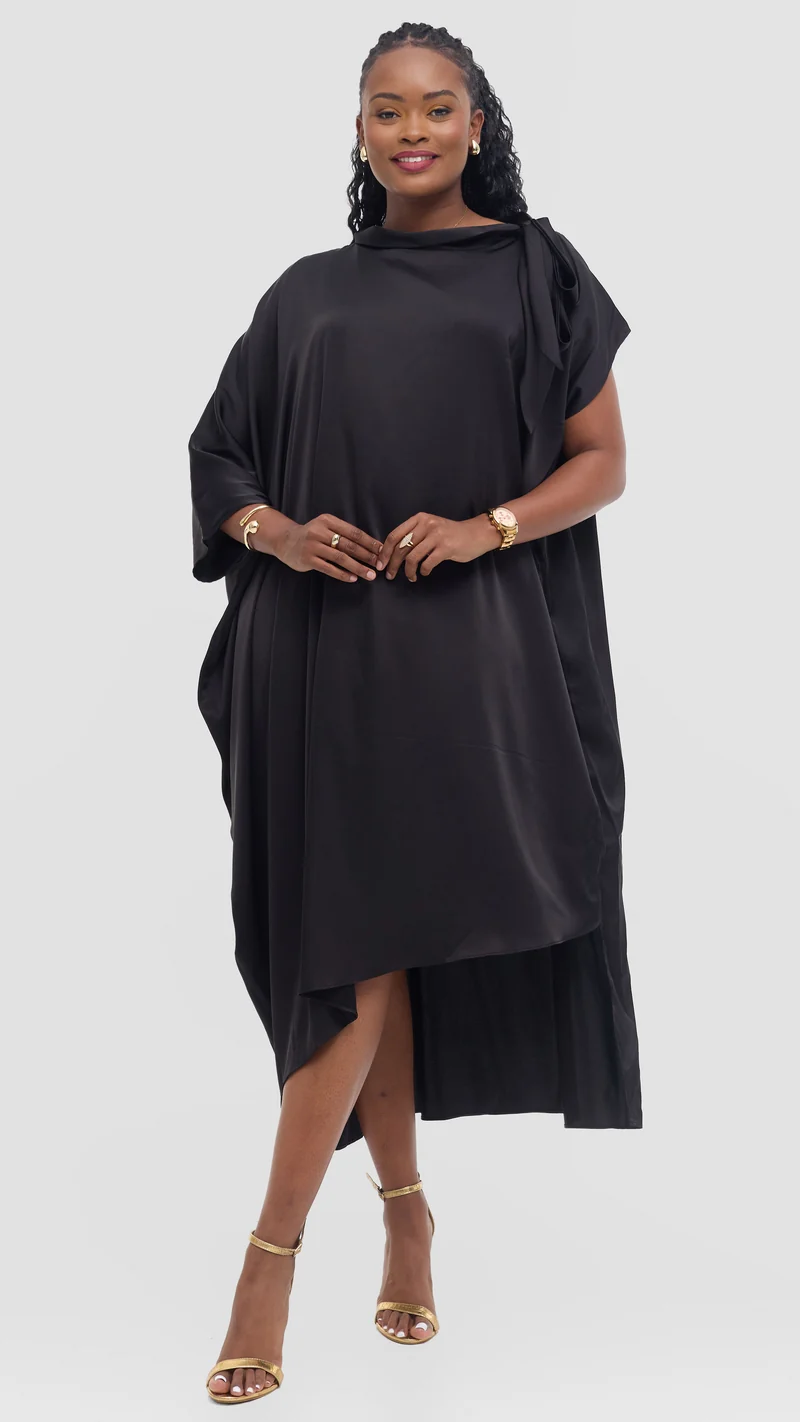 Vivo Takali Asymmetrical Midi Length Kaftan In Satin - Black