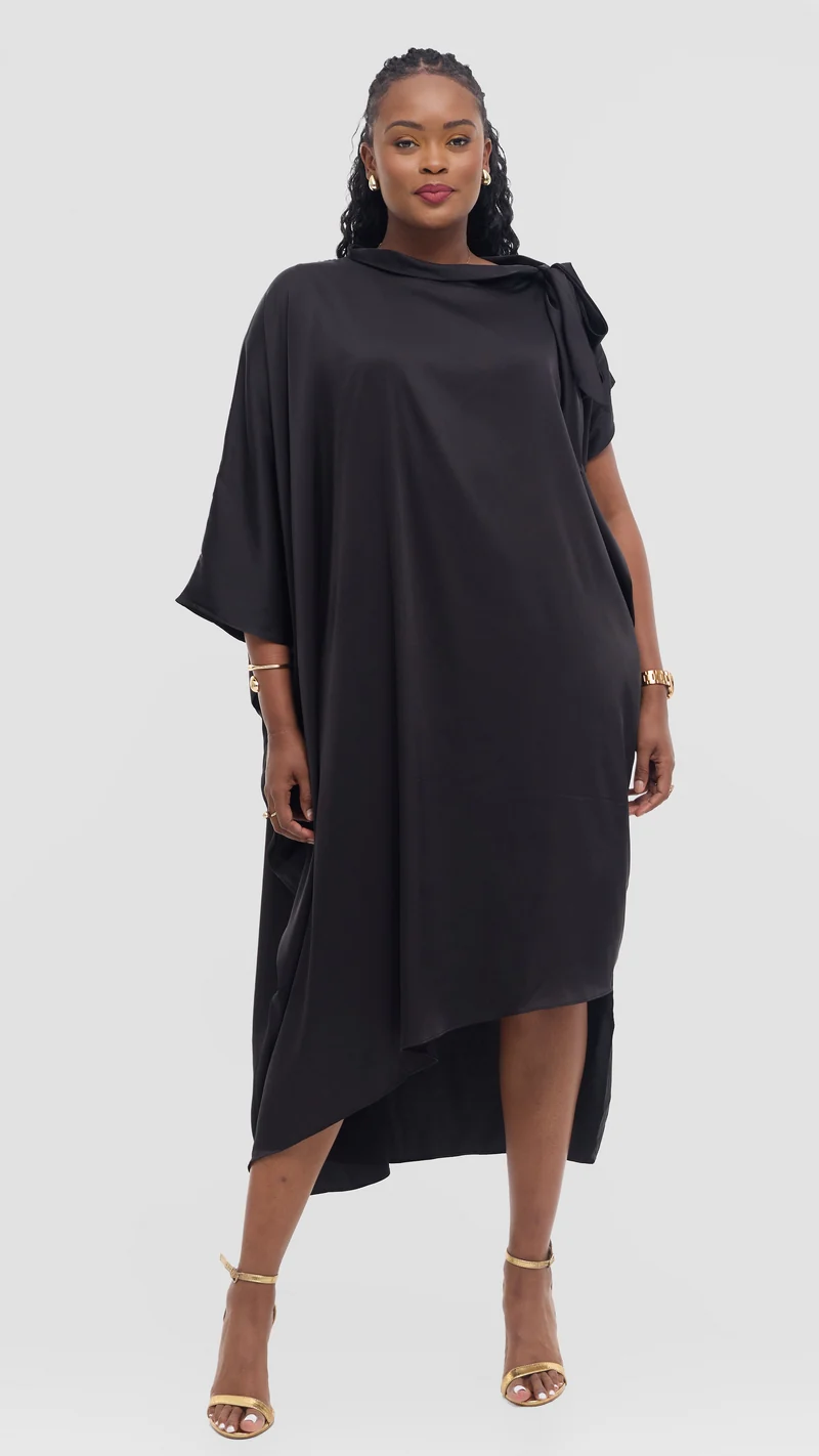Vivo Takali Asymmetrical Midi Length Kaftan In Satin - Black