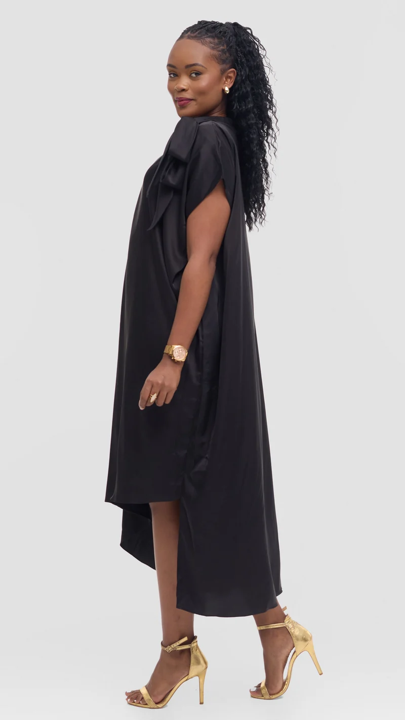 Vivo Takali Asymmetrical Midi Length Kaftan In Satin - Black