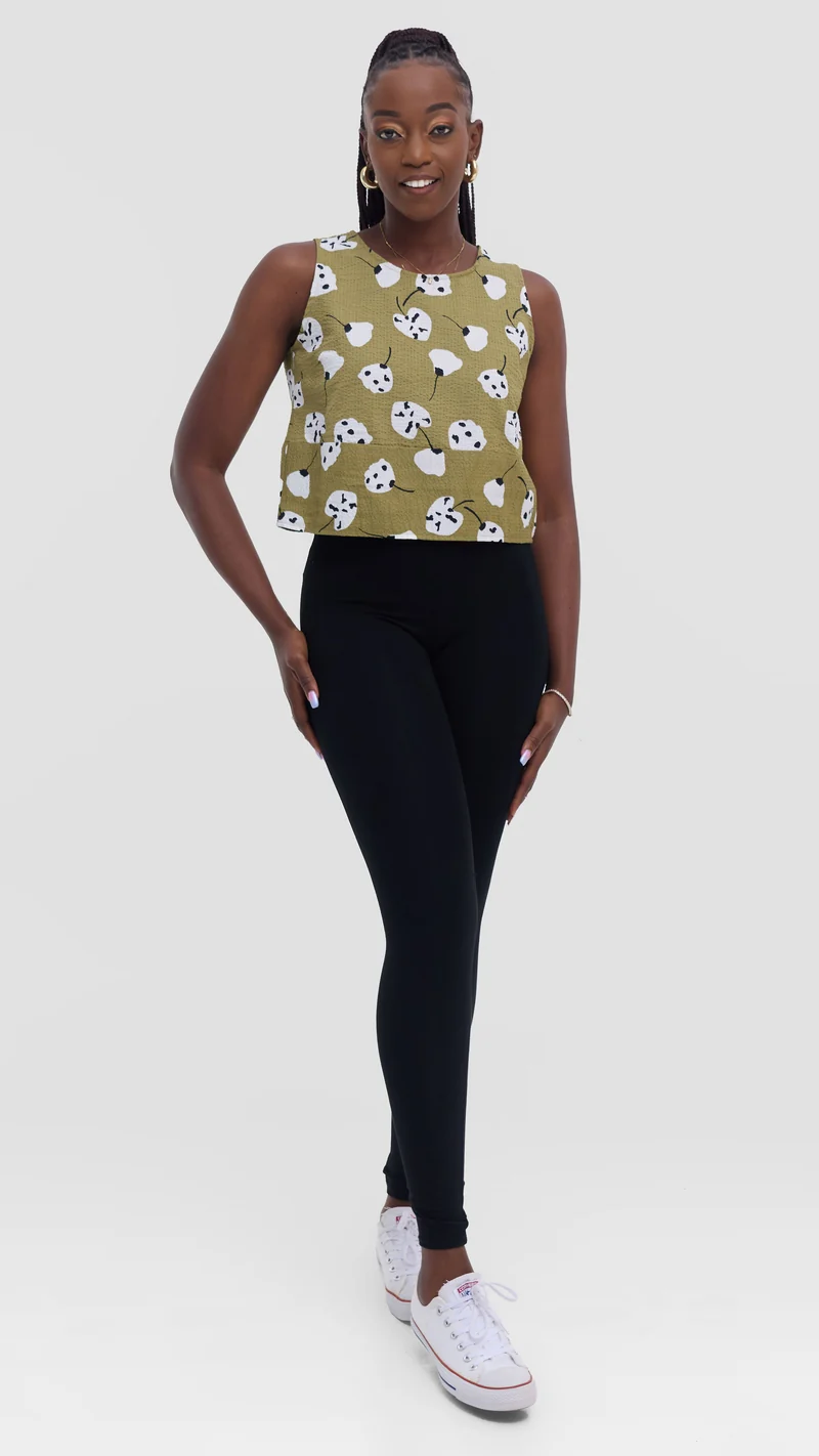 Safari by Vivo Zehra Sleeveless Boxy Top - Olive / White Print