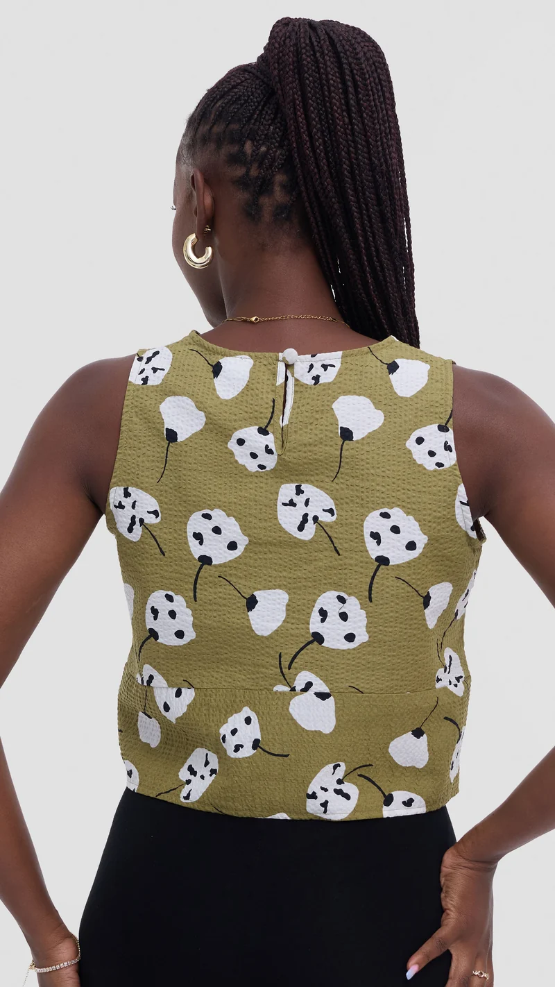 Safari by Vivo Zehra Sleeveless Boxy Top - Olive / White Print