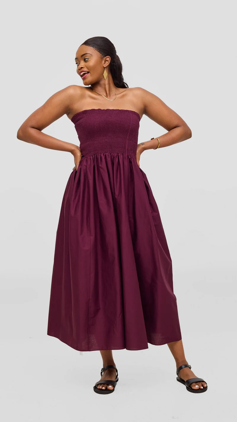 Safari by Vivo Zehra Shirred Midi Dress - Mulberry