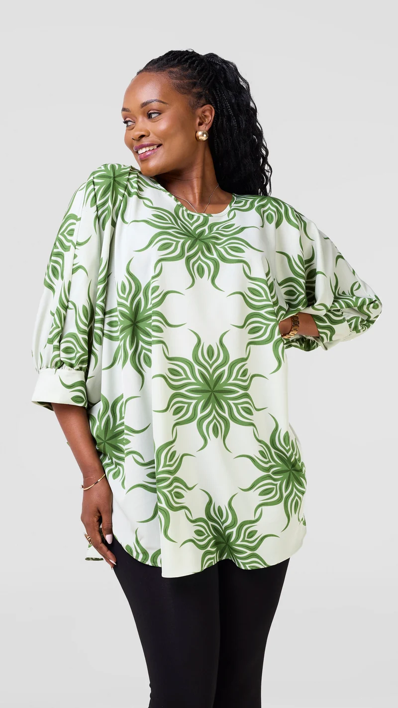 Vivo Mistari Gathered Sleeve Top - Mint / Green Print