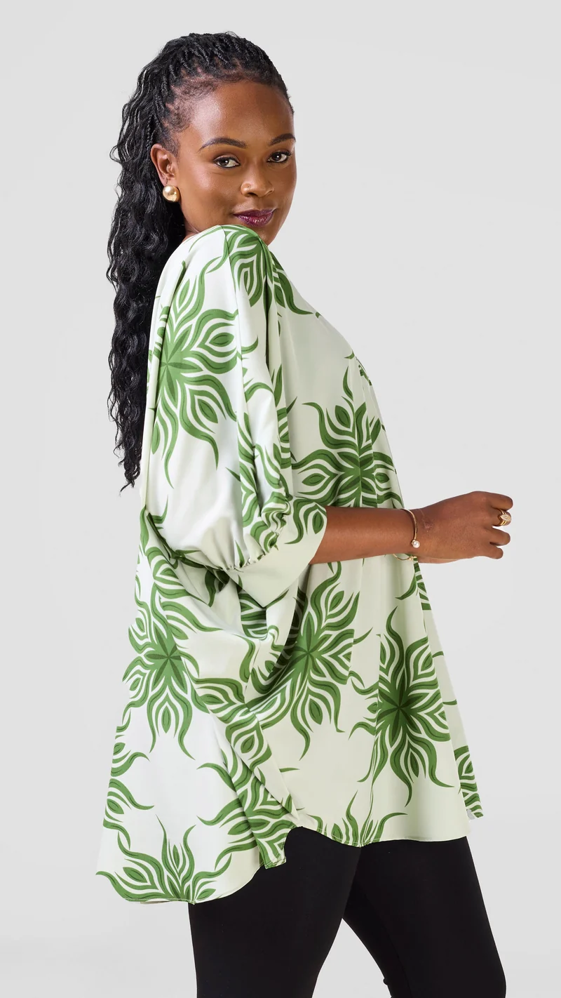 Vivo Mistari Gathered Sleeve Top - Mint / Green Print