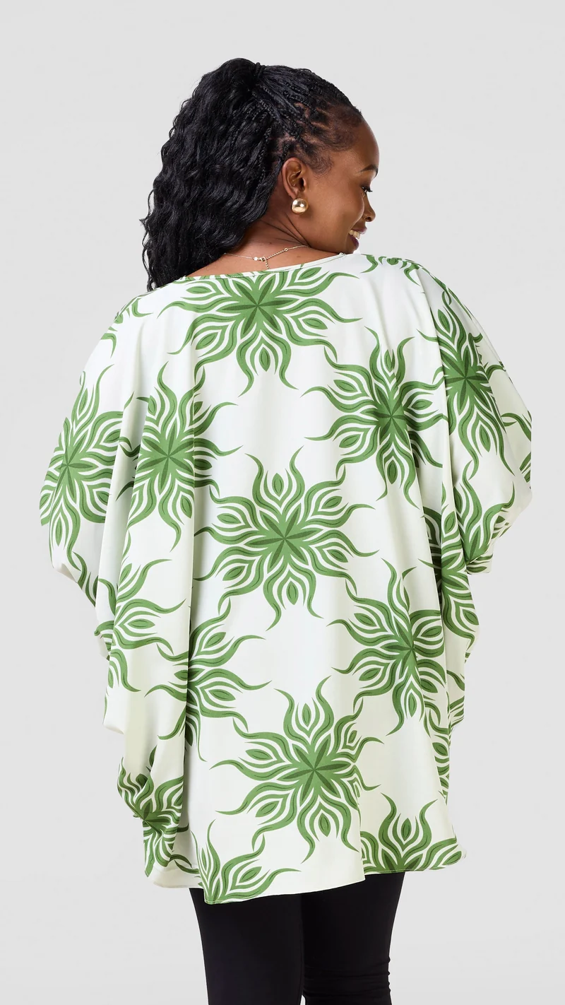 Vivo Mistari Gathered Sleeve Top - Mint / Green Print