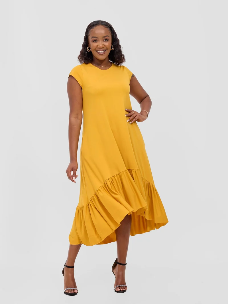 Vivo Lindi High Low Dress In Ponte - Mustard