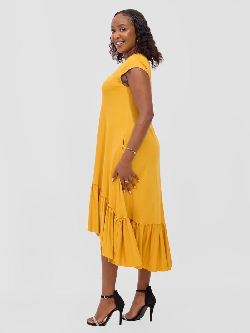 Vivo Lindi High Low Dress In Ponte - Mustard