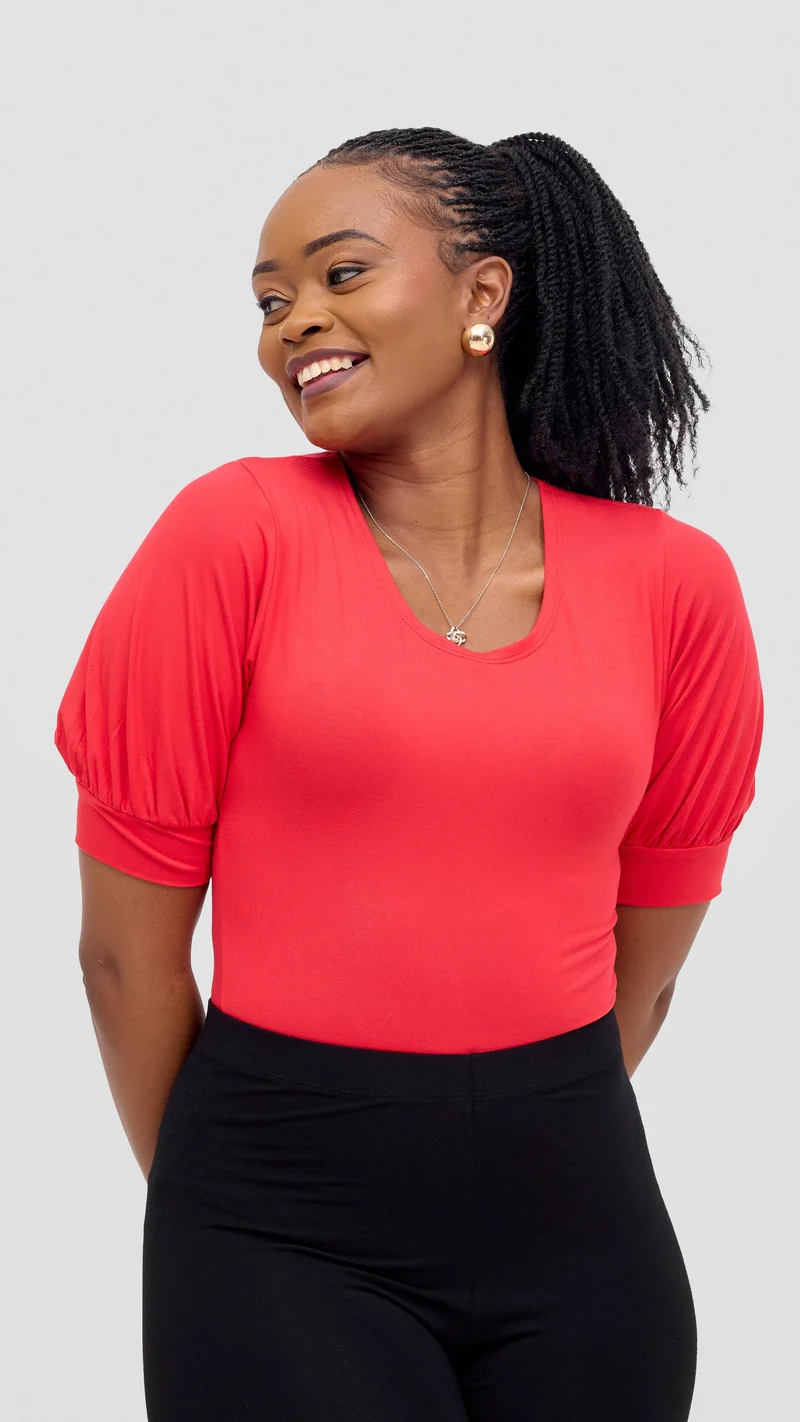 Vivo Tana Puff Sleeve Bodysuit In Jersey - Red