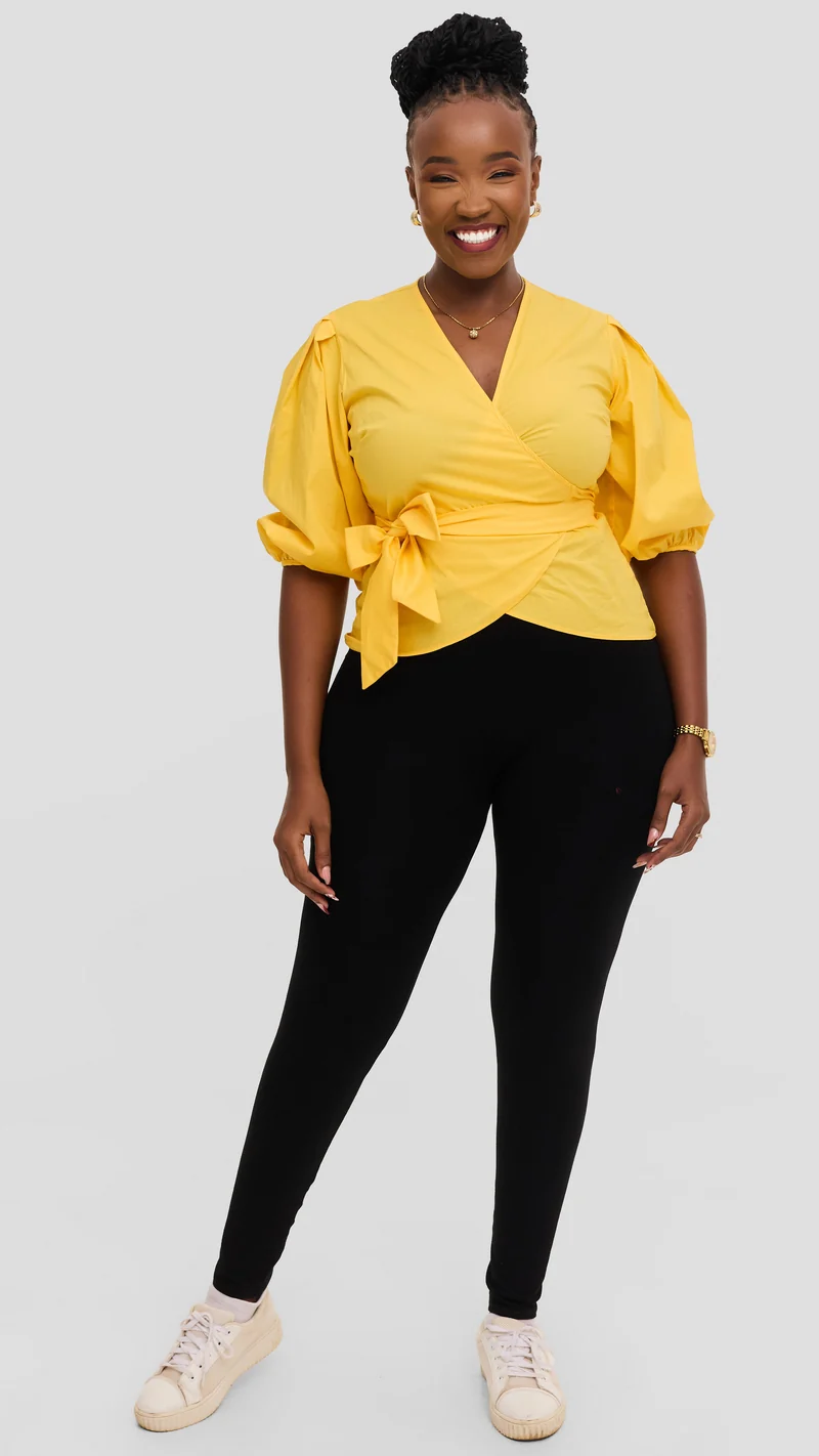 Vivo 3/4 Sleeve Wrap Top in Cotton - Yellow