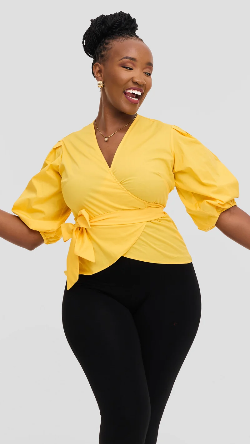 Vivo 3/4 Sleeve Wrap Top in Cotton - Yellow