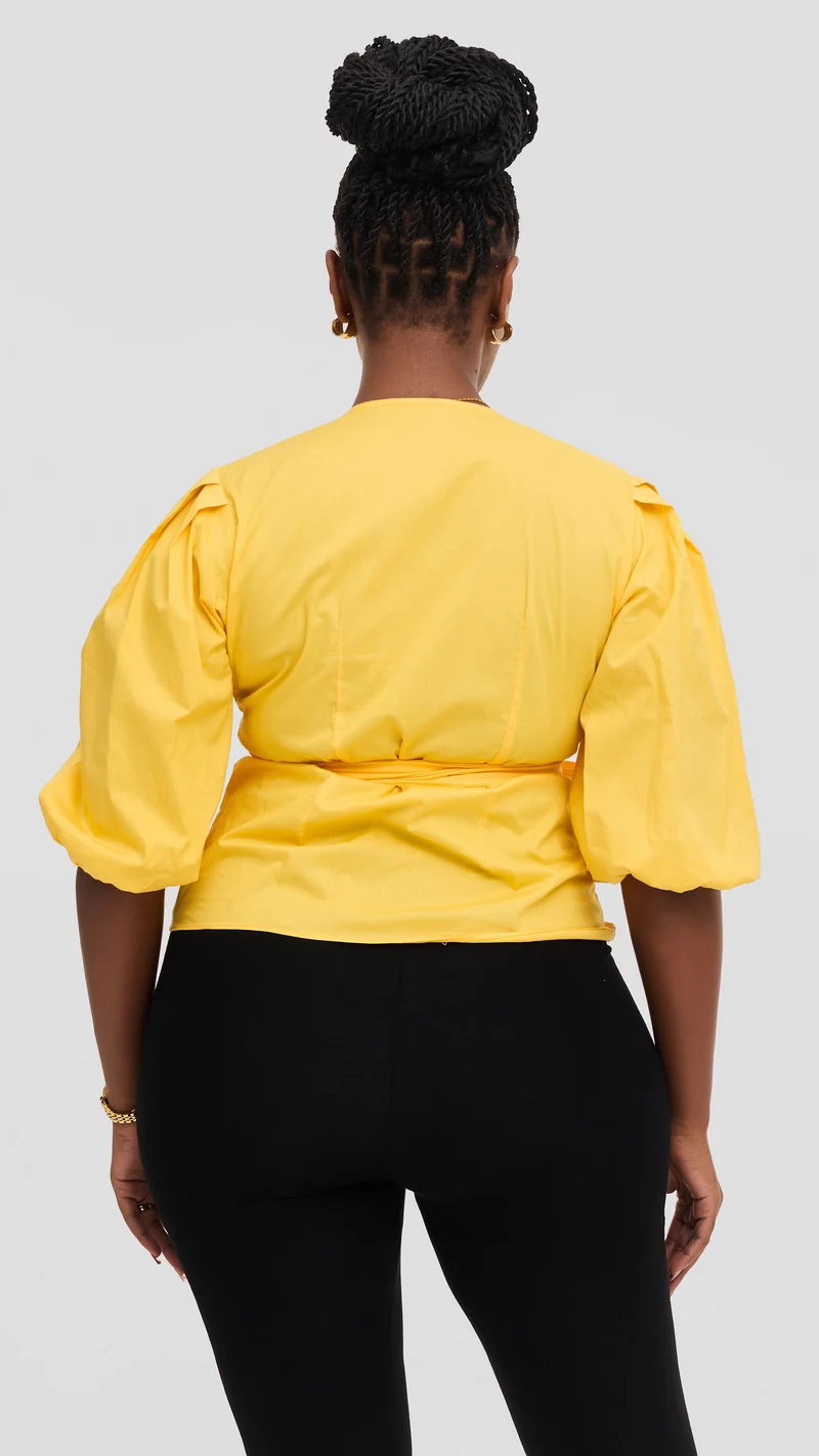 Vivo 3/4 Sleeve Wrap Top in Cotton - Yellow