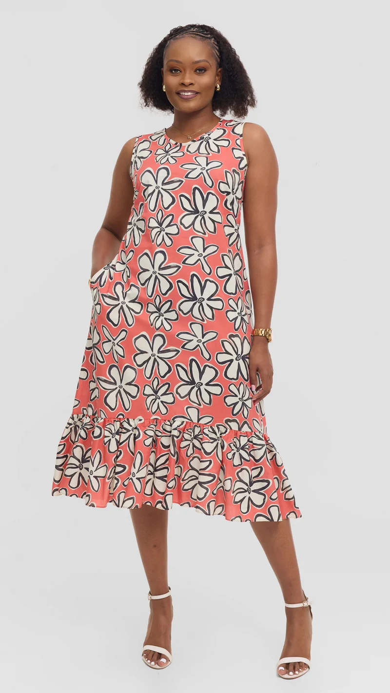 Vivo Dalia Sleeveless Tie Midi Dress in Print Cotton - Red Multicolor Print