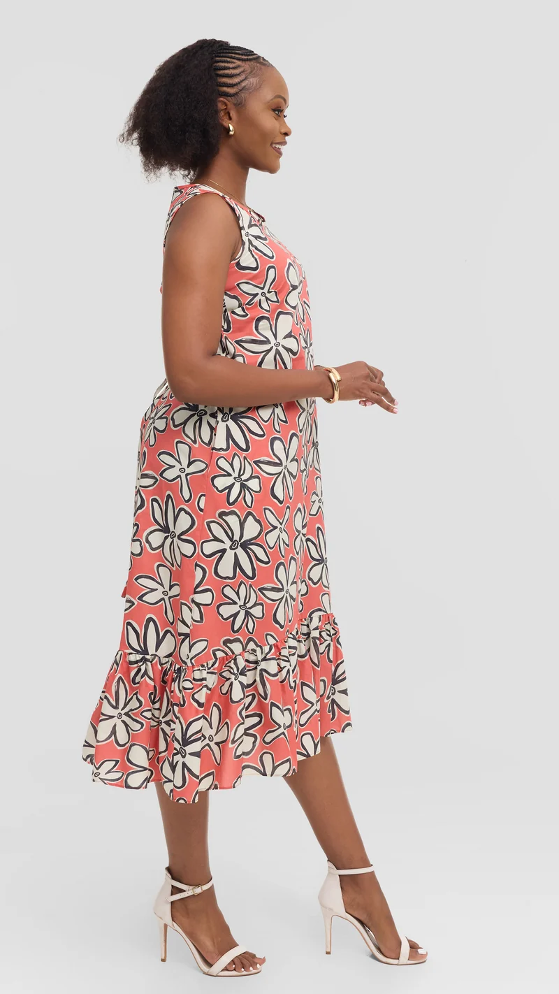 Vivo Dalia Sleeveless Tie Midi Dress in Print Cotton - Red Multicolor Print