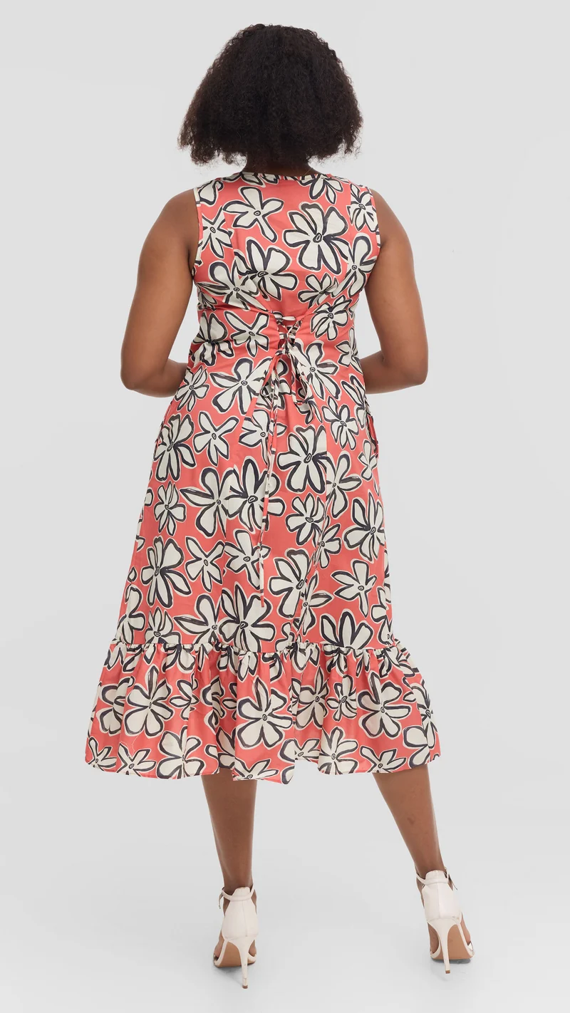 Vivo Dalia Sleeveless Tie Midi Dress in Print Cotton - Red Multicolor Print