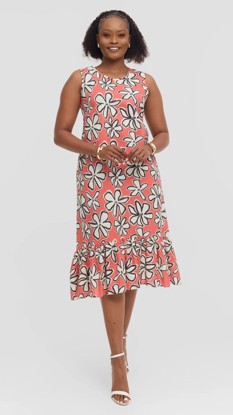 Vivo Dalia Sleeveless Tie Midi Dress in Print Cotton - Red Multicolor Print