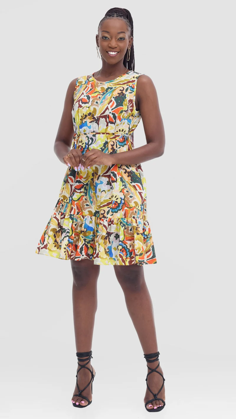 Vivo Dalia Sleeveless Gathered Dress In Cotton - Purple Multicolor Print