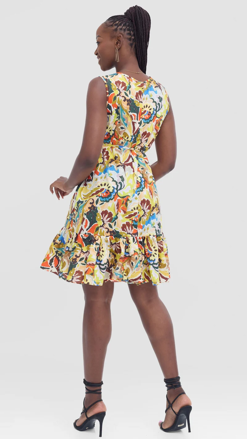 Vivo Dalia Sleeveless Gathered Dress In Cotton - Purple Multicolor Print