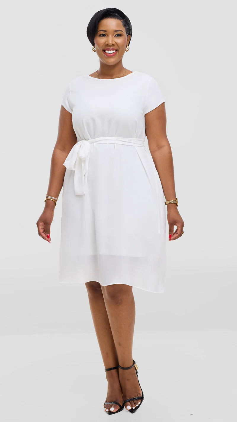 Vivo Basic Knee Length Dress In Chiffon - Off White