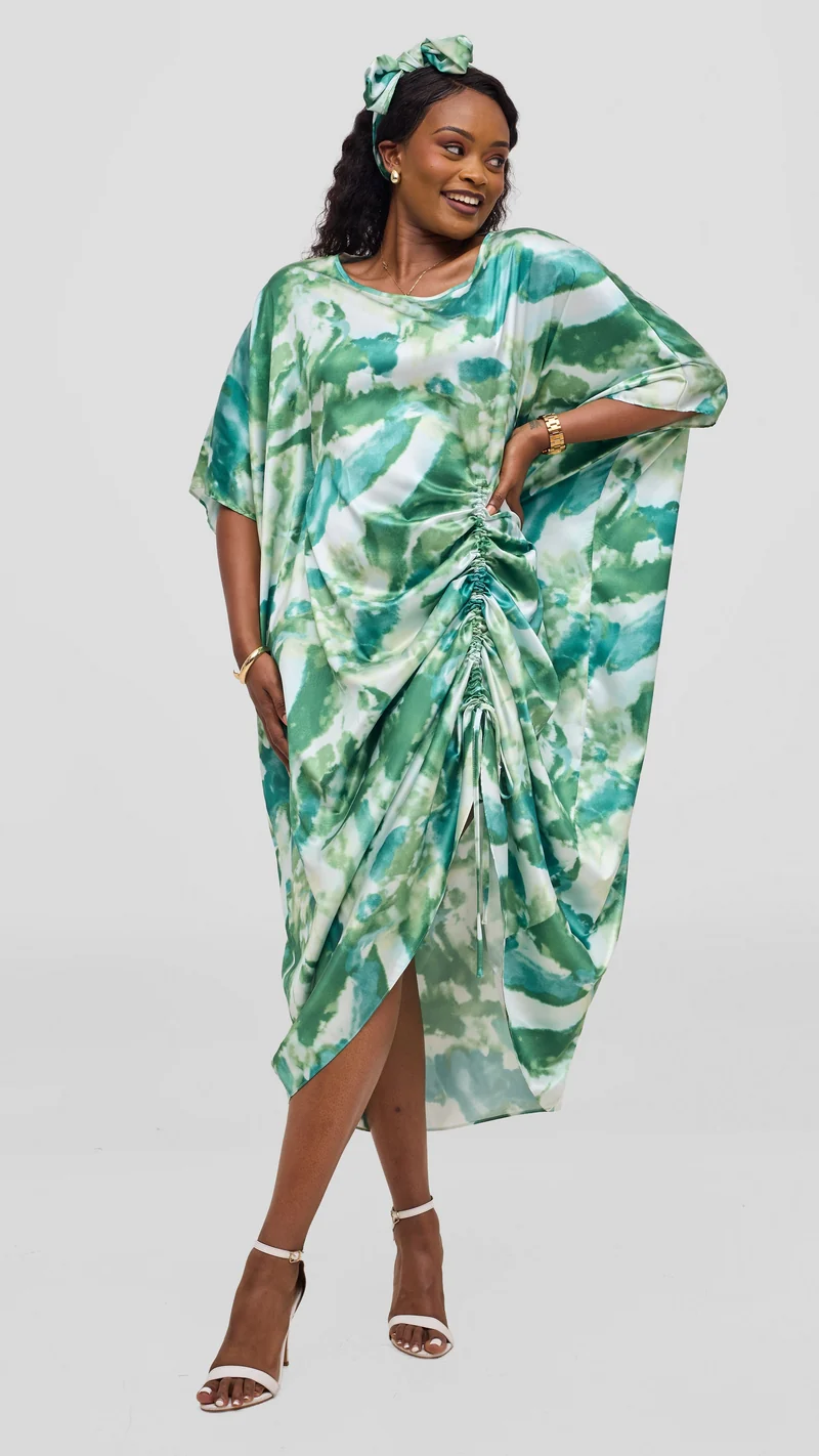 Vivo Liora Side Drawstring Kaftan Dress - Mint Green Print