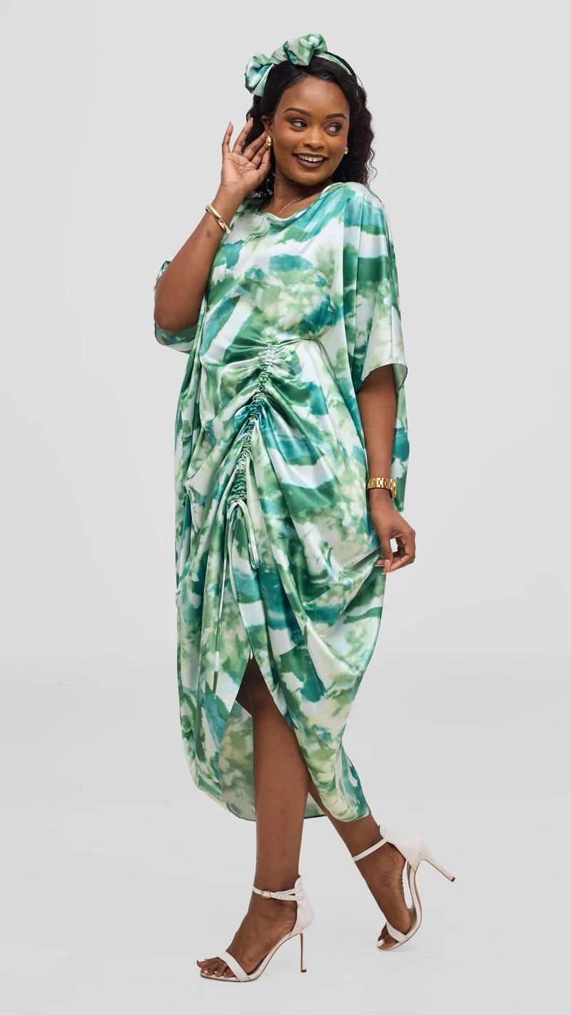 Vivo Liora Side Drawstring Kaftan Dress - Mint Green Print