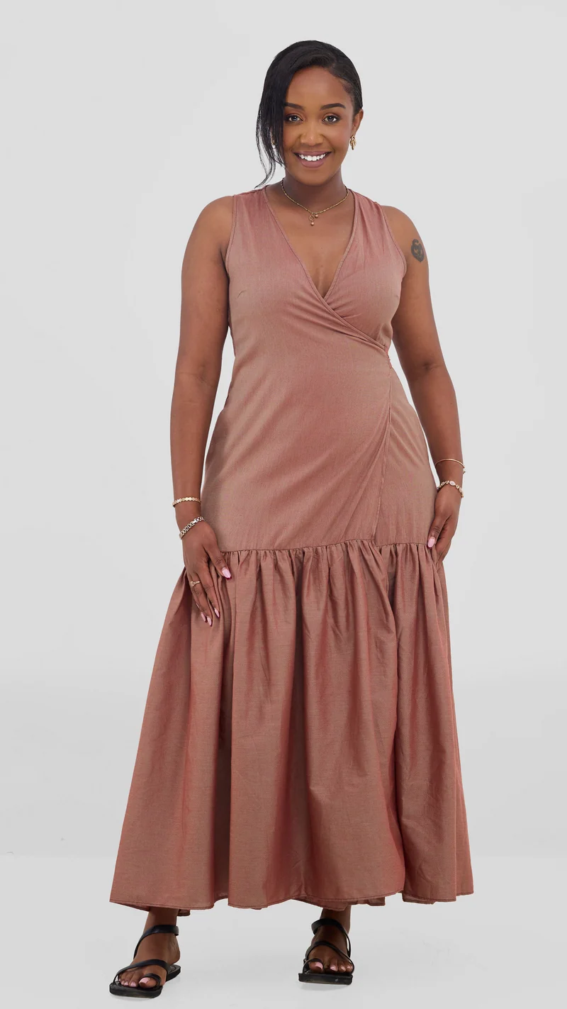 Safari Solana Wrap Dress - Rust Brown