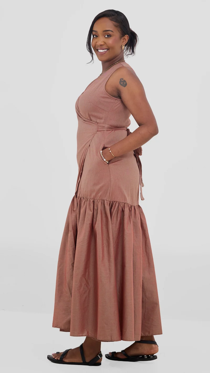 Safari Solana Wrap Dress - Rust Brown
