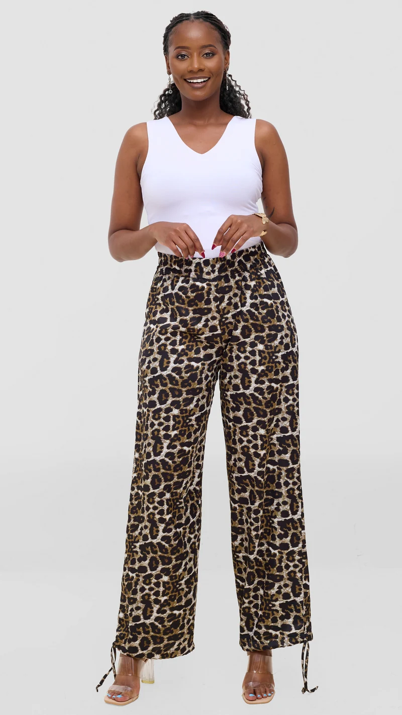 Vivo Liora Drawstring Pants In Satin - Dark Olive / Black Print