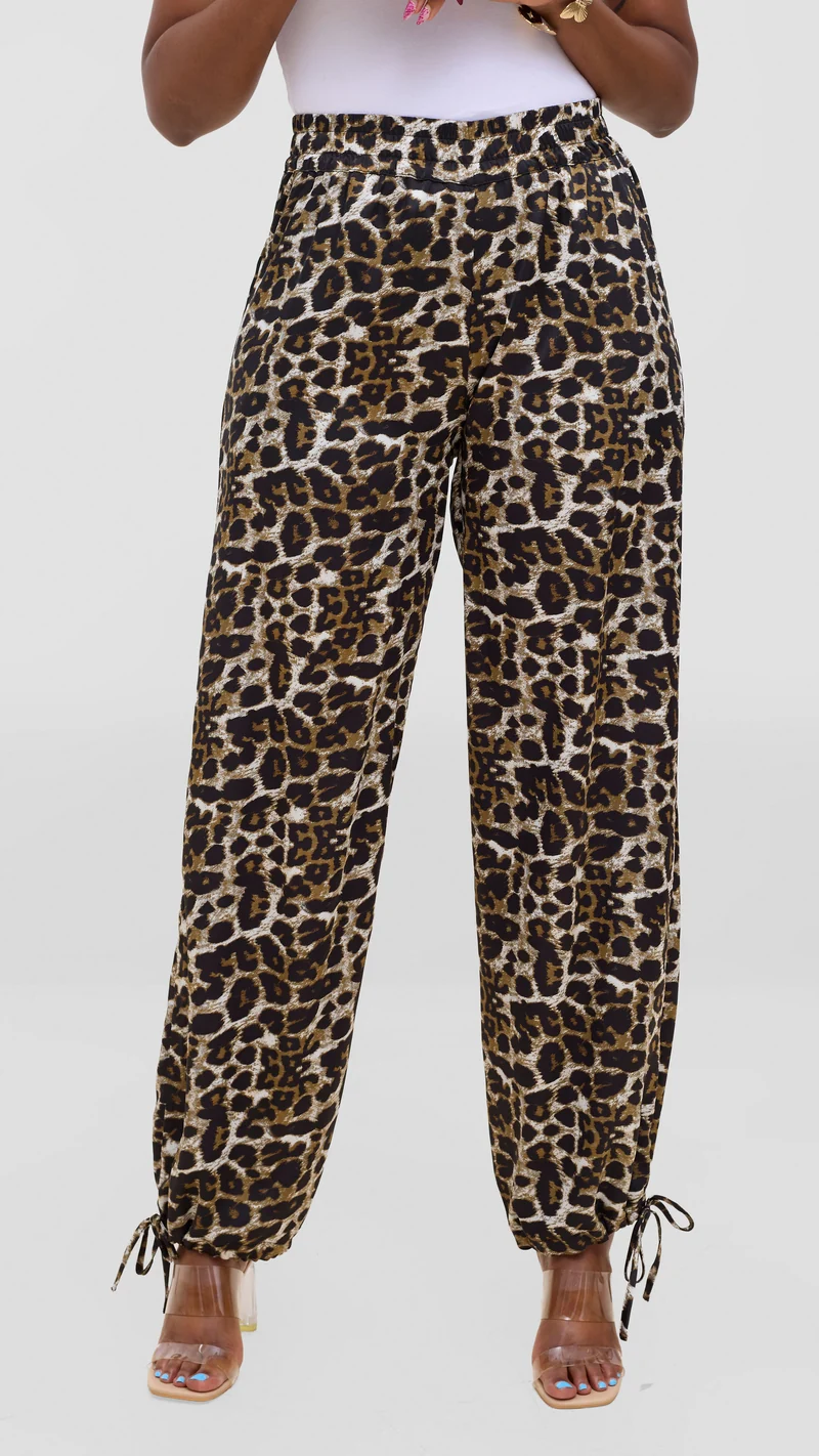 Vivo Liora Drawstring Pants In Satin - Dark Olive / Black Print