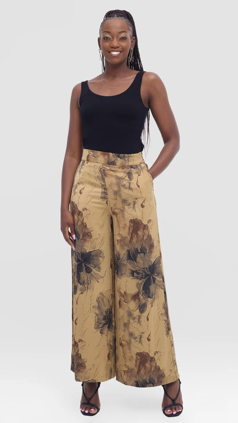 Vivo Wide Leg Pants in Textured Satin - Light Gold / Black Print