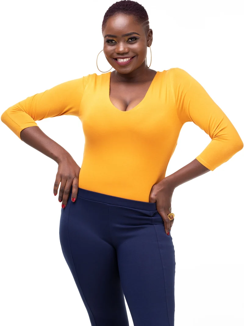 Vivo Basic 3/4 Sleeved Double Layered Bodysuit in Jersey - Mustard