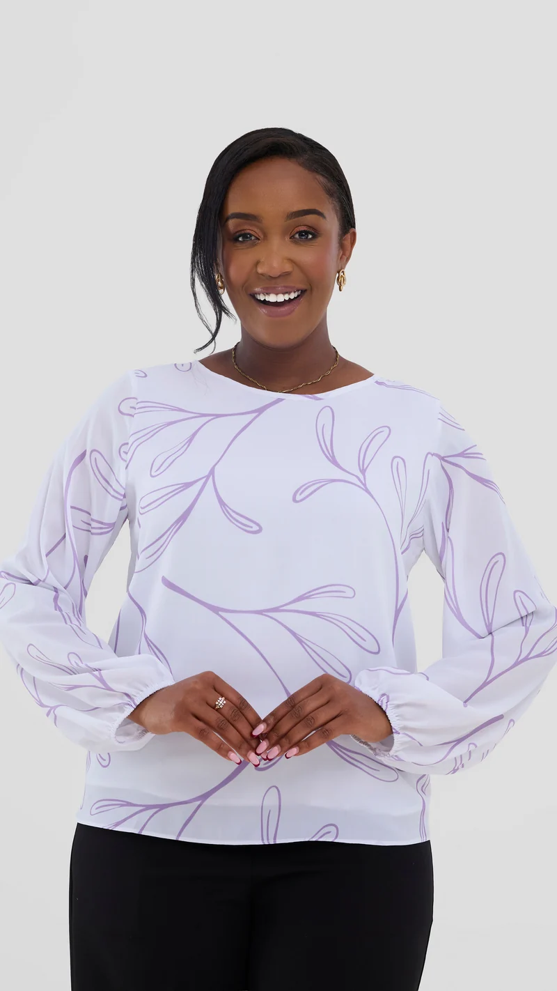 Vivo Basic Bishop Sleeve Top In Chiffon (Double Layered) - White / Lilac Print