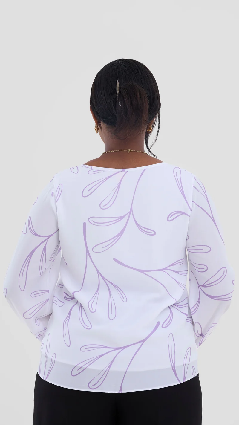 Vivo Basic Bishop Sleeve Top In Chiffon (Double Layered) - White / Lilac Print