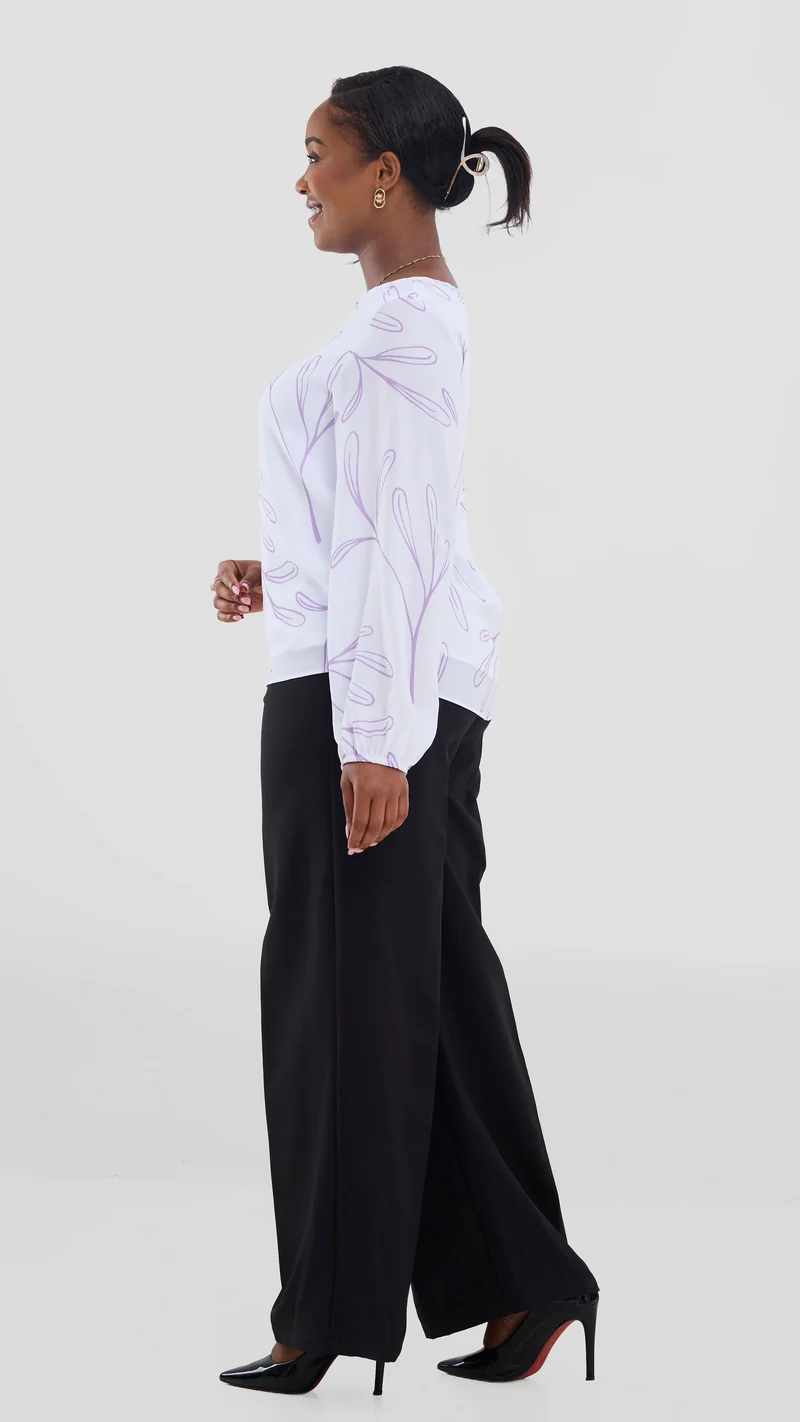 Vivo Basic Bishop Sleeve Top In Chiffon (Double Layered) - White / Lilac Print