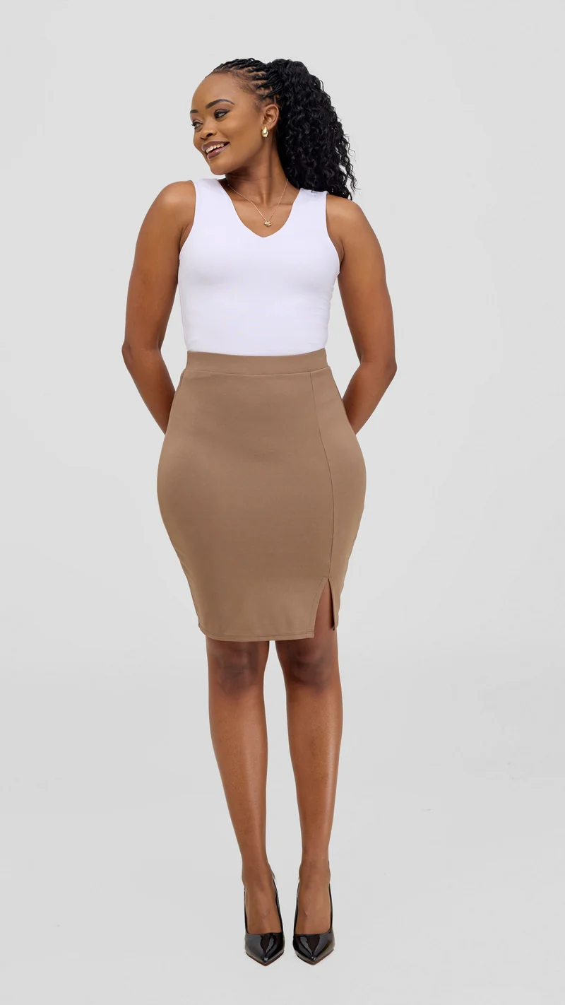 Vivo Nora Front Slit Knee Length Skirt - Taupe