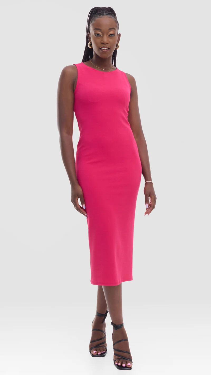 Vivo Midi Bodycon in Stretch Rib - Fuschia