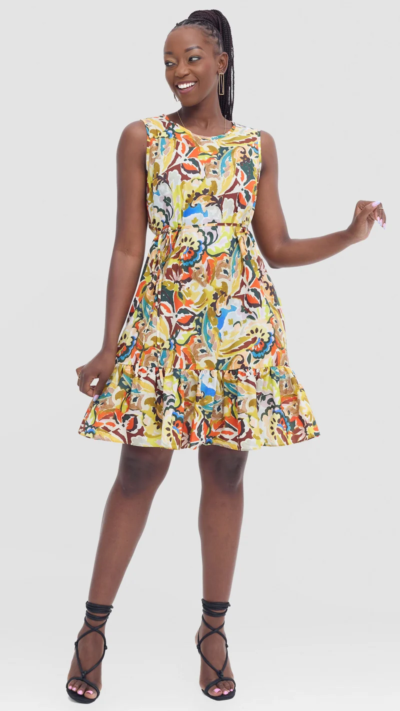 Vivo Dalia Sleeveless Gathered Dress In Cotton - Orange Multicolor Print