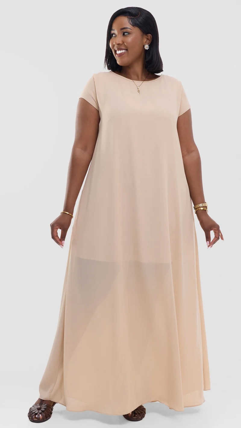 Vivo Basic Cap Sleeve Maxi Dress in Chiffon - Beige