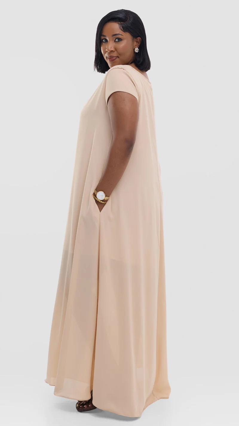 Vivo Basic Cap Sleeve Maxi Dress in Chiffon - Beige