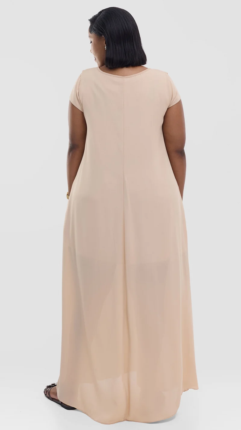 Vivo Basic Cap Sleeve Maxi Dress in Chiffon - Beige