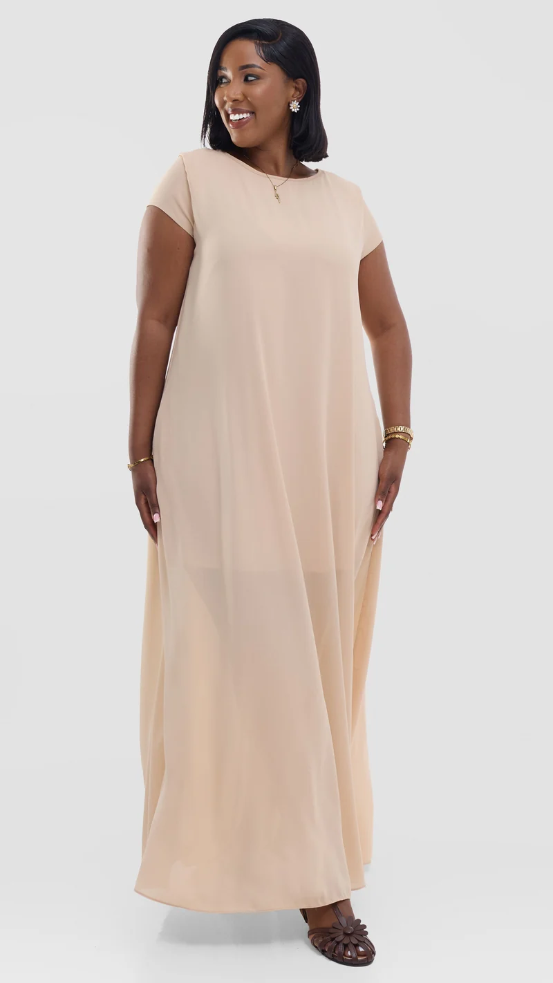 Vivo Basic Cap Sleeve Maxi Dress in Chiffon - Beige