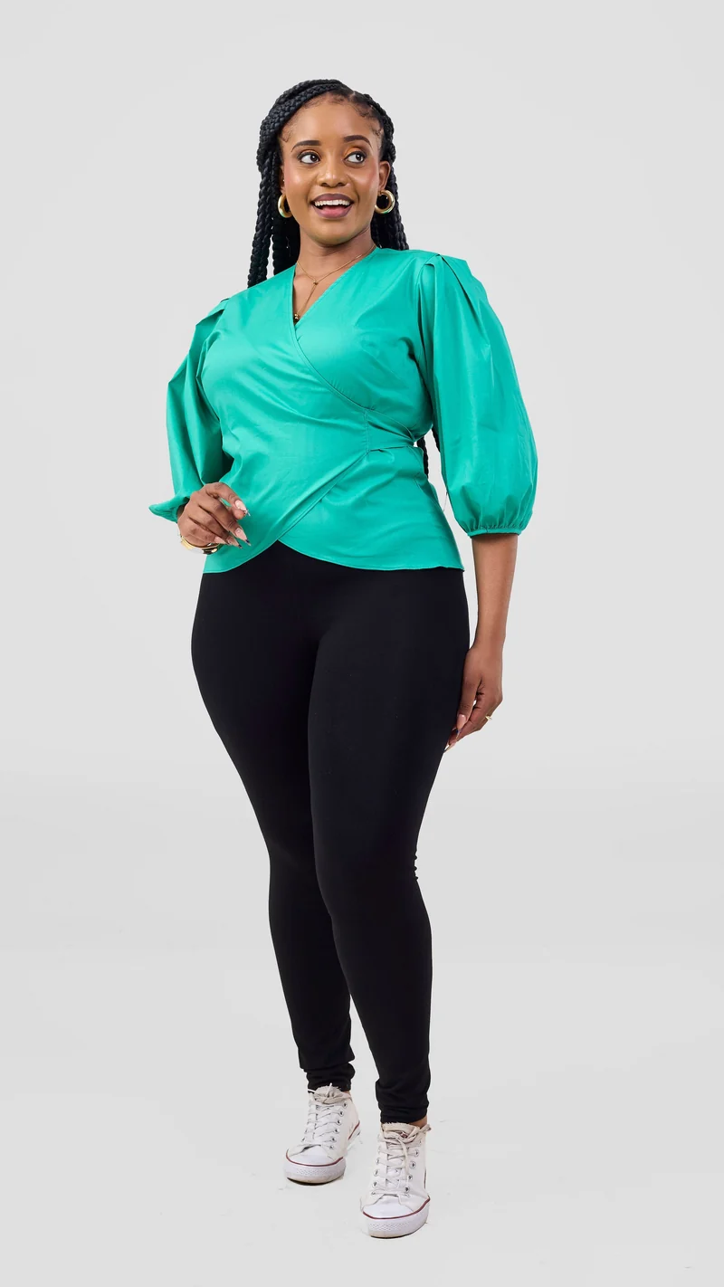 Vivo 3/4 Sleeve Wrap Top in Cotton - Sea Green