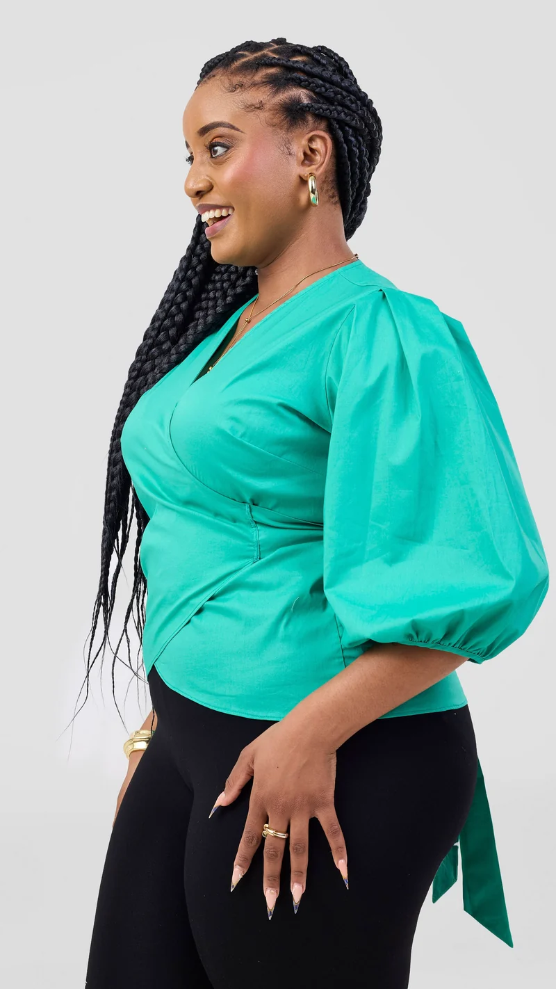 Vivo 3/4 Sleeve Wrap Top in Cotton - Sea Green