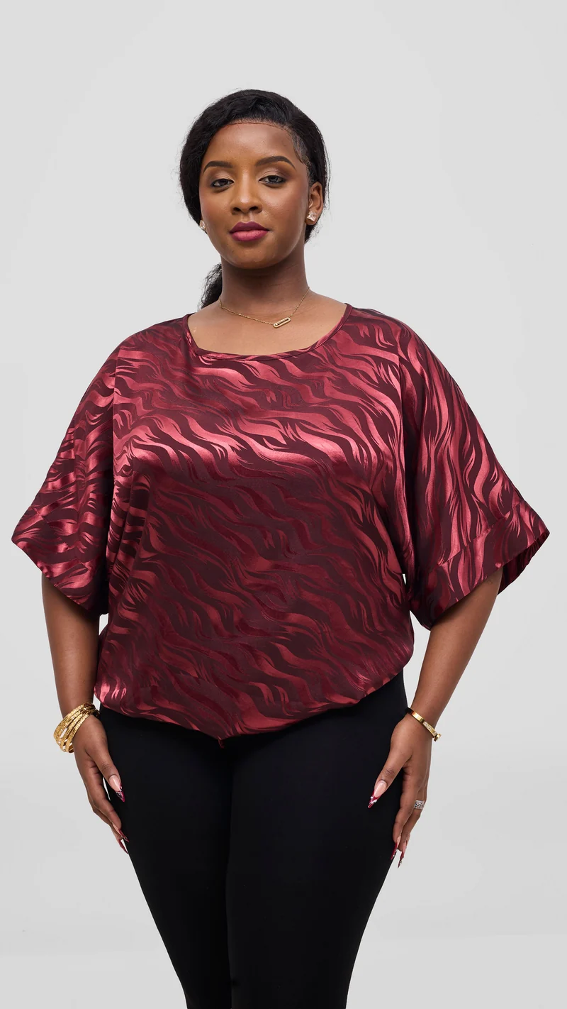 Vivo Liora Satin Drawstring Kimono Sleeve Top - Burgundy Textured Print