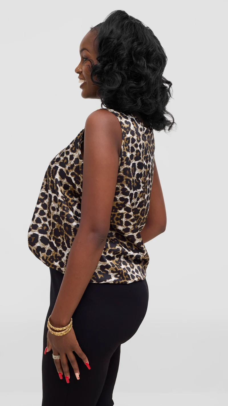 Vivo Liora Sleeveless Drawstring Top In Satin - Dark Olive / Black Print