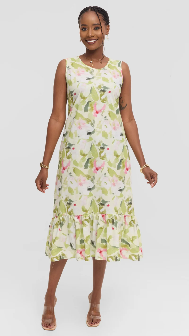 Vivo Dalia Sleeveless Tie Midi Dress in Print Cotton - Olive Multicolor Print