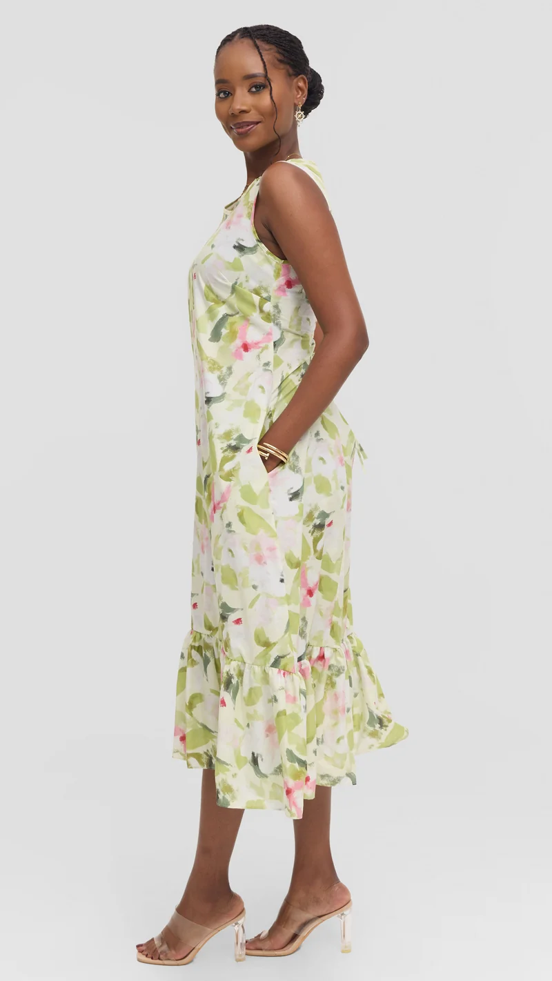 Vivo Dalia Sleeveless Tie Midi Dress in Print Cotton - Olive Multicolor Print