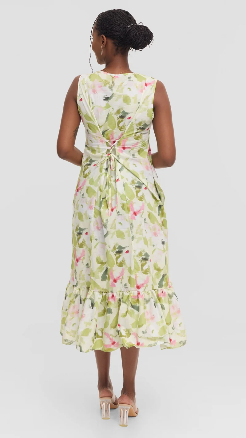 Vivo Dalia Sleeveless Tie Midi Dress in Print Cotton - Olive Multicolor Print